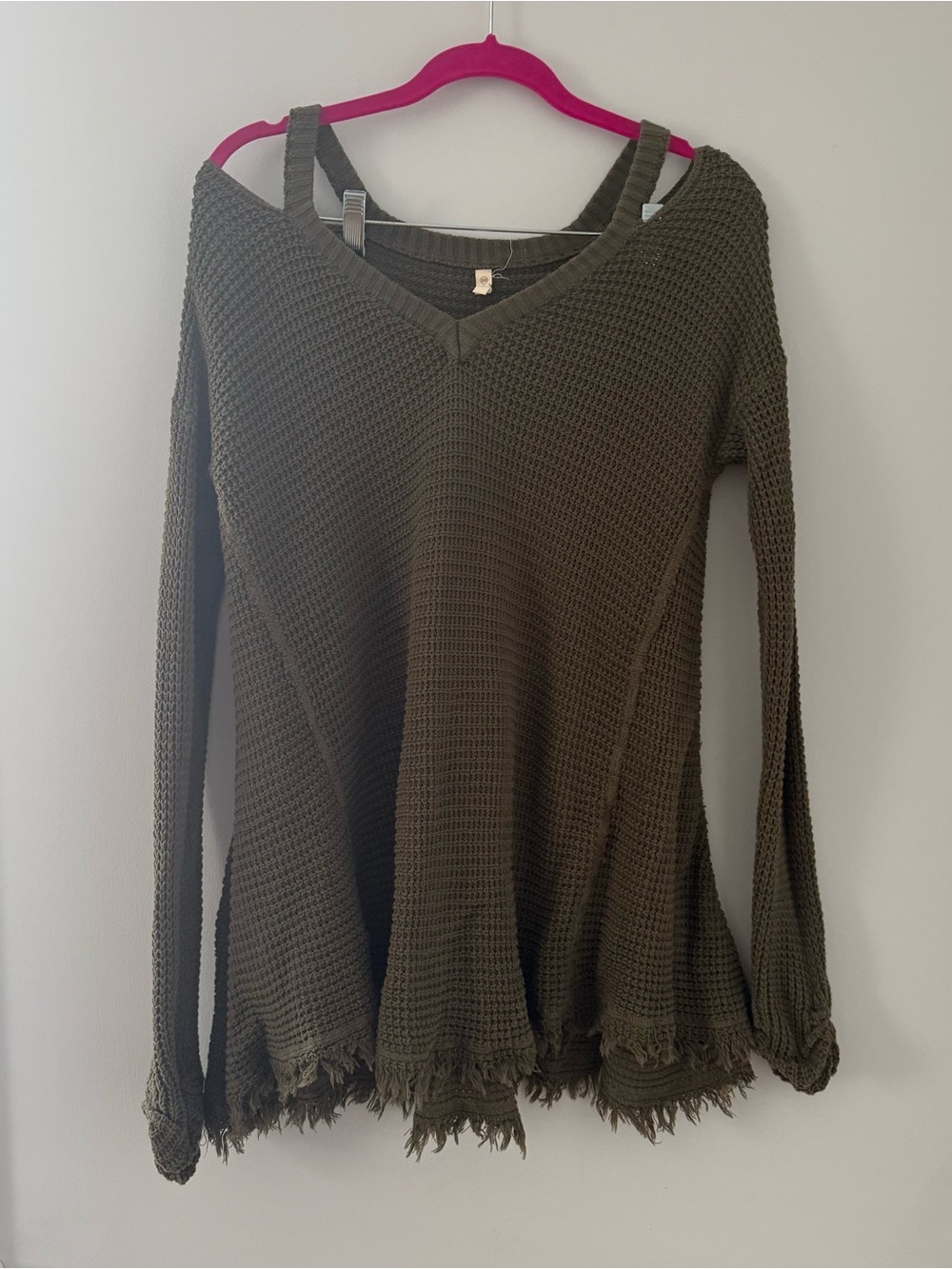 Women's Olive Green Waffle Knit V-Neck Tunic Sweater with Cut Out Shoulders